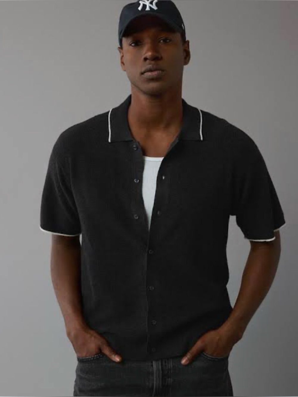 American Eagle Weekend Waffle Button Up Sweater Polo Shirt Mens Sz L